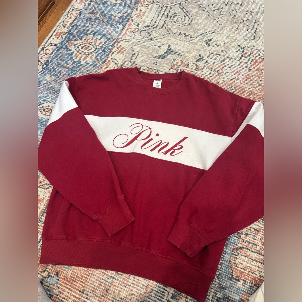 Pink by Victoria’s Secret, chunky, oversized, red and white crewneck sweatshirt